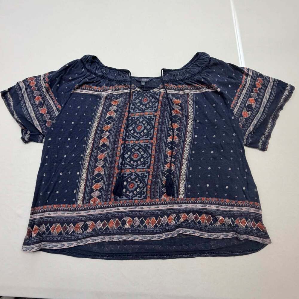 Lucky Brand Women's Geometric Print Split Neck Tassel Peasant Blouse Top